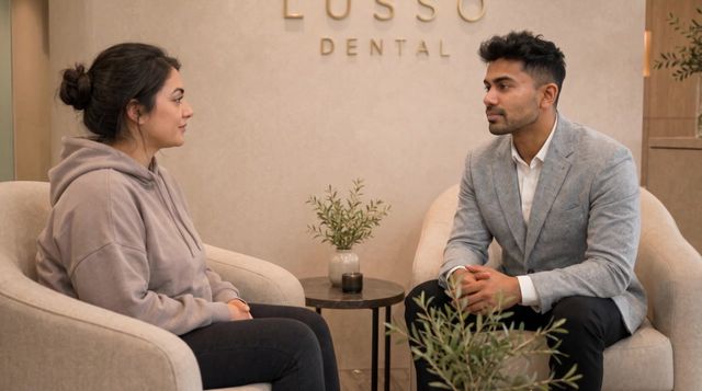 Dr Kal talking with a nervous patient in the reception lounge