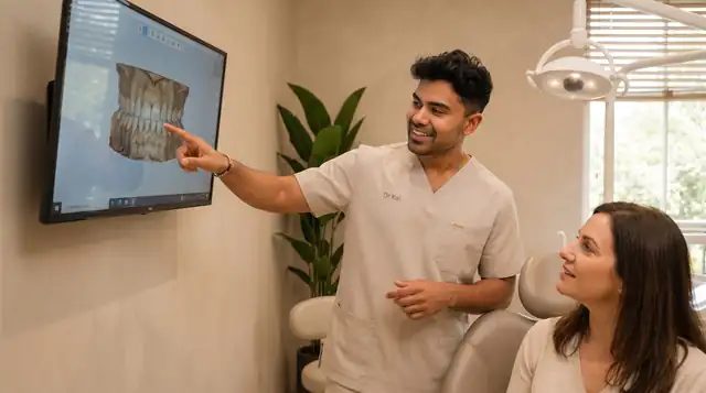 Dr Kal reviewing a 3D scan on the surgery screen with a patient