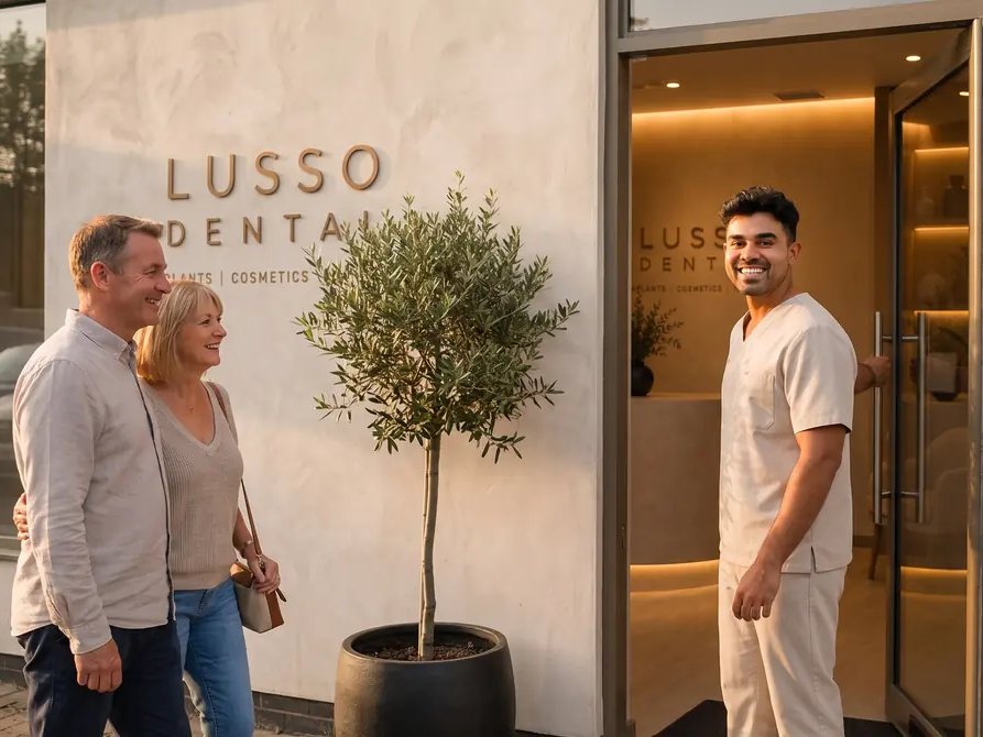 Dr Kal welcoming patients at the LUSSO Dental entrance on Station Approach, West Byfleet